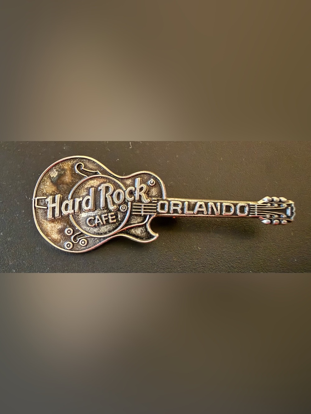 Vintage Hard Rock Cafe Sterling Silver Guitar Pin with Dark Accents - Orlando
